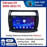 Citroen C4 2005-2011 Yıl Android Sürüm 13 Kablosuz Carplay Navigasyon Multimedya 9 Inç Ekran 4g Ram+ 32GB Hafıza Çerçeve ve Arka Görüş Kamerası ile
