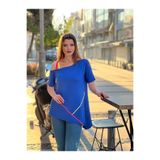 Citycenterfashion Büyük Beden Neon Biyeli Yayık Yaka Omuz Dekolteli Asimetrik Tunik Bluz, M, Cty-Xyn-7122, Saks, Kadın
