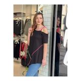Citycenterfashion Büyük Beden Neon Biyeli Yayık Yaka Omuz Dekolteli Asimetrik Tunik Bluz, M, Cty-Xyn-7122, Siyah, Kadın