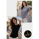 citystyle Kadın Triko Bluz Yarasa Kol Kısa Kollu Sosis Yaka Kayık Yaka Şık Günlük 2 Adet Gri/Siyah