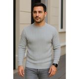 Civetta Erkek Bisiklet Yuvarlak Yaka Triko Kazak Pamuklu Kalın Fitilli Dokuma, Regular Fit Uzun Kollu Kışlık Model - Gri - XL