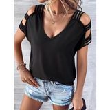 Civetta Kadın Kısa Kollu V Yakalı Şerit Detaylı Viskon Bluz - Siyah - L - XL