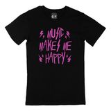 Cix Pembe Music Makes Me Happy Baskılı Siyah Erkek T-shirt