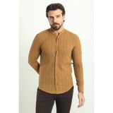 Çizgi Desenli Kamel Rengi Slim Fit Hakim Yaka Uzun Kollu Erkek Gömlek - 2XL