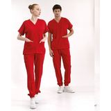Çizgi Medikal Kırmızı Jogger Scrubs Lüks Likralı Greys Takım - XS