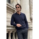 Çizgi Triko Erkek Büyük Beden Polo Yaka Lacivert Kazak Pirinç Desenli Pamuklu Triko Çelik Örgü - 5410F Bat - 4XL