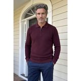 Çizgi Triko Erkek Fermuarlı Polo Yaka Kazak Triko Kabartmalı Örgü Düz Renk Klasik Kalıp - 5240F - Bordo - XL
