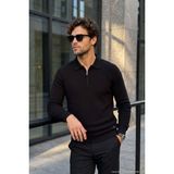 Çizgi Triko Erkek Fermuarlı Polo Yaka Kazak Triko Kabartmalı Örgü Düz Renk Klasik Kalıp - 5240F - Siyah - XL