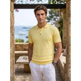 Çizgi Triko Erkek Polo Yaka Düğmeli Desenli Kısa Kollu Limon Renk Tişört Klasik Kalıp - 5317 - 2XL