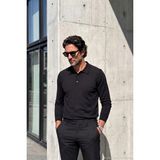 Çizgi Triko Erkek Polo Yaka Düz Triko Pamuklu Siyah Kazak Çelik Örgü Klasik Kalıp - 5400F - 2XL