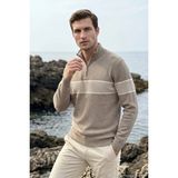 Çizgi Triko Erkek Yarım Balıkçı Triko Pamuklu Vizon Kazak Şerit Desenli Çelik Örgü Klasik Kalıp - 5402B - 2XL