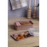 Çizgili 5 Bölmeli Beslenme Kutusu Çatal Kaşıklı Şeffaf Kapaklı Sızdırmaz Lunch Box Okul Ofis (1 Adet) - Pudra