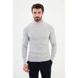 Çizgili Açık Gri Slim Fit Yarım Balıkçı Yaka Erkek Triko Kazak