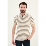 Çizgili Bej Slim Fit Polo Yaka Erkek T-Shirt - Ekru - Bej - 2XL