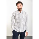 Çizgili Bej Slim Fit Uzun Kollu Keten Erkek Gömlek - Beyaz - Bej