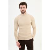 Çizgili Bej Slim Fit Yarım Balıkçı Yaka Erkek Triko Kazak