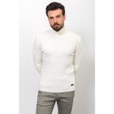 Çizgili Beyaz Renk Slim Fit Yarım Balıkçı Yaka Yün Erkek Kazak - Ekru