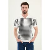 Çizgili Ekru Slim Fit Fermuarlı Polo Yaka Erkek Triko T-Shirt - 2XL