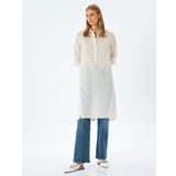 Çizgili Gömlek Yaka Uzun Kollu Oversize Midi Tunik Elbise