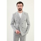 Çizgili Gri Slim Fit Geniş Yaka Kruvaze Erkek Takım Elbise - 48 - 6 Drop