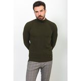 Çizgili Haki Rengi Slim Fit Yarım Balıkçı Yaka Yün Erkek Kazak