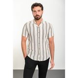 Çizgili Haki Slim Fit Apaç Yaka Kısa Kollu Erkek Gömlek - 2XL - Ekru - Haki