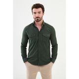 Çizgili Haki Slim Fit Kadife Erkek Gömlek