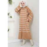 Çizgili Ispanyol Kol Fermuarlı Kamyoncu Yaka Triko Elbise Camel HM2566 - Standart