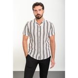 Çizgili Kahverengi Slim Fit Apaç Yaka Kısa Kollu Erkek Gömlek - 2XL - Ekru - Kahve