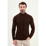Çizgili Kahverengi Slim Fit Yarım Balıkçı Yaka Erkek Triko Kazak - 2XL