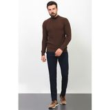 Çizgili Kahverengi Slim Fit Yarım Balıkçı Yaka Yün Erkek Kazak