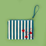 Çizgili Kalp Detaylı Kozmetik Çantası - Mavi / Bej - 16X25 Cm