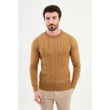Çizgili Kamel Rengi Slim Fit Bisiklet Yaka Erkek Triko Kazak - XL
