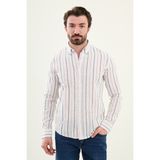 Çizgili Kamel Rengi Slim Fit Keten Erkek Gömlek - Beyaz - Camel