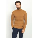 Çizgili Kamel Rengi Slim Fit Tam Balıkçı Yaka Erkek Kazak - 2XL