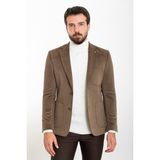 Çizgili Kamel Rengi Slim Fit Torba Cep Mono Yaka Kadife Erkek Ceket - 56