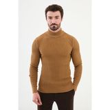 Çizgili Kamel Slim Fit Yarım Balıkçı Yaka Erkek Triko Kazak - XL