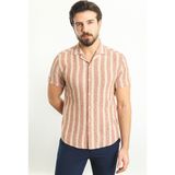 Çizgili Kiremit Rengi Slim Fit Apaç Yaka Kısa Kollu Erkek Gömlek - XL - Kiremit - Bej