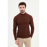 Çizgili Kiremit Rengi Slim Fit Yarım Balıkçı Yaka Erkek Triko Kazak