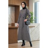 Çizgili Kuşaklı Kolu Lastikli Kışlık Elbise 2505-01 Gri - 50 - 52