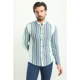Çizgili Lacivert Renk Slim Fit Hakim Yaka Uzun Kollu Erkek Gömlek - Lacivert-Ekru