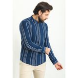 Çizgili Lacivert Renk Slim Fit Hakim Yaka Uzun Kollu Erkek Gömlek