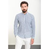 Çizgili Lacivert Renk Slim Fit Uzun Kollu Keten Erkek Gömlek - Lacivert-Beyaz