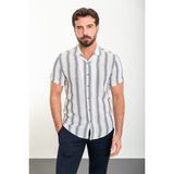 Çizgili Lacivert Slim Fit Apaç Yaka Kısa Kollu Erkek Gömlek - XL - Ekru - Lacivert