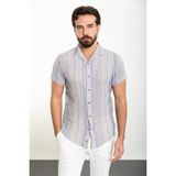 Çizgili Lacivert Slim Fit Apaç Yaka Kısa Kollu Erkek Gömlek