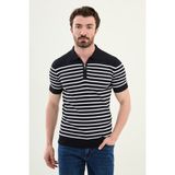 Çizgili Lacivert Slim Fit Fermuarlı Polo Yaka Erkek Triko T-Shirt - 2XL