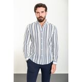 Çizgili Lacivert Slim Fit Uzun Kollu Erkek Gömlek - Beyaz-Lacivert