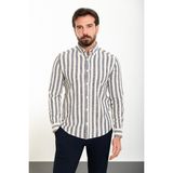 Çizgili Lacivert Slim Fit Uzun Kollu Keten Erkek Gömlek - Ekru - Lacivert
