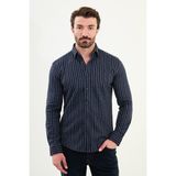Çizgili Lacivert Slim Fit Yün Erkek Gömlek - 2XL