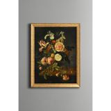 Çizgili Lale ve Gül Kompozisyonu - Vintage Desenli Çerçeve - İnce Model, Altın3, 15 x 21